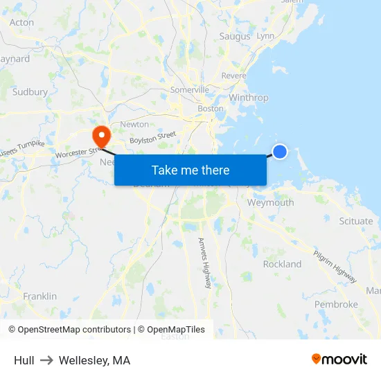 Hull to Wellesley, MA map