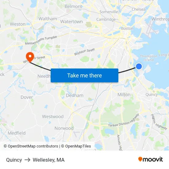 Quincy to Wellesley, MA map