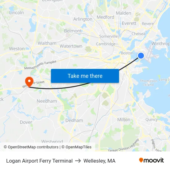 Logan Airport Ferry Terminal to Wellesley, MA map