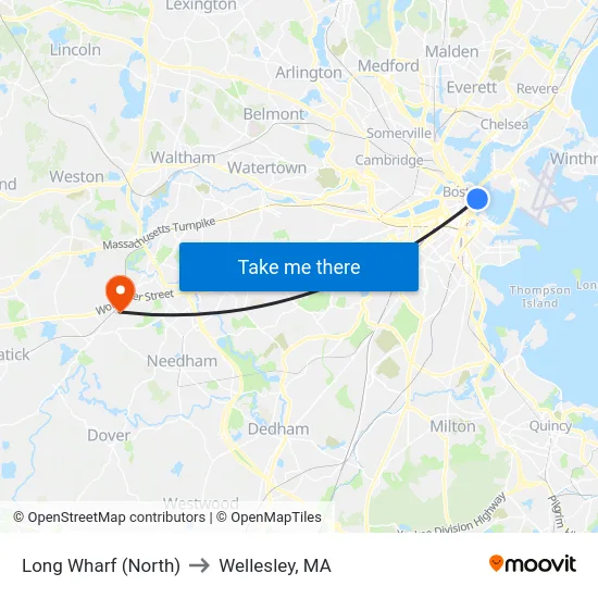Long Wharf (North) to Wellesley, MA map
