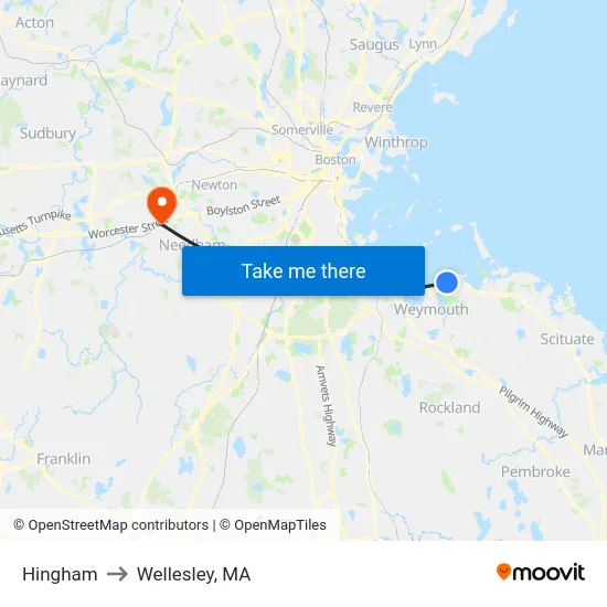 Hingham to Wellesley, MA map