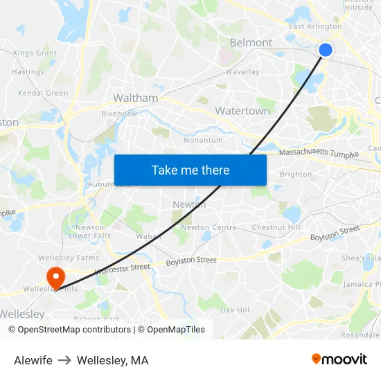Alewife to Wellesley, MA map