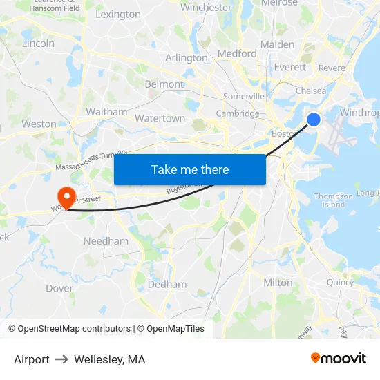 Airport to Wellesley, MA map