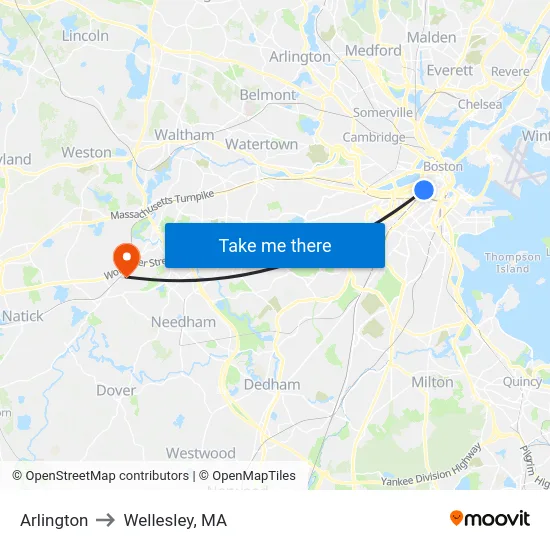 Arlington to Wellesley, MA map