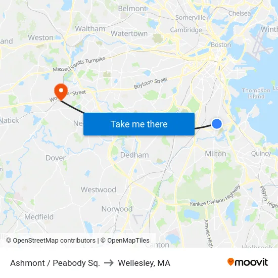 Ashmont / Peabody Sq. to Wellesley, MA map