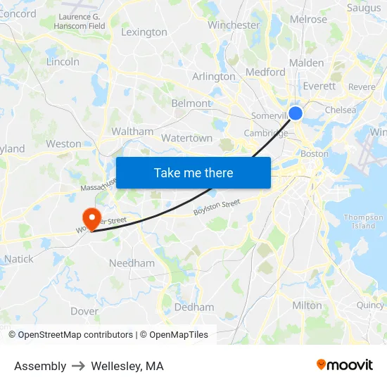 Assembly to Wellesley, MA map