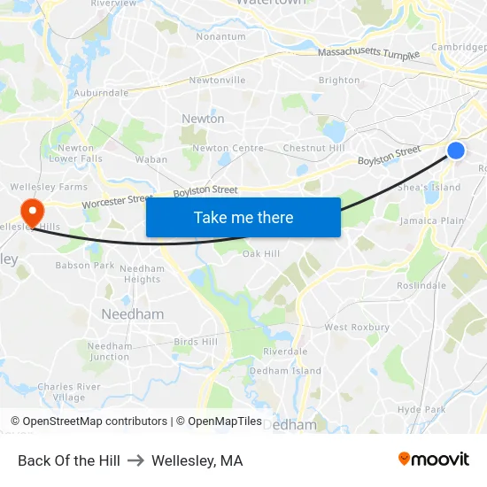 Back Of the Hill to Wellesley, MA map