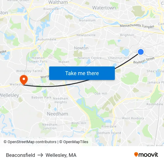 Beaconsfield to Wellesley, MA map