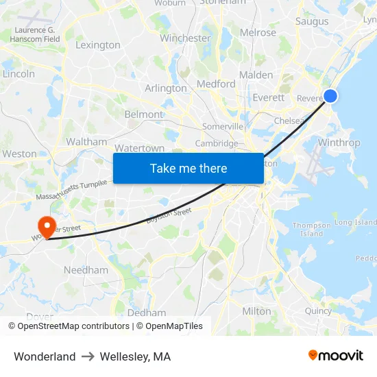 Wonderland to Wellesley, MA map