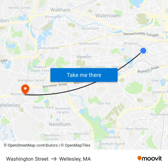 Washington Street to Wellesley, MA map