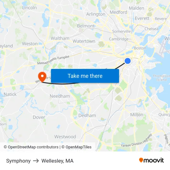 Symphony to Wellesley, MA map