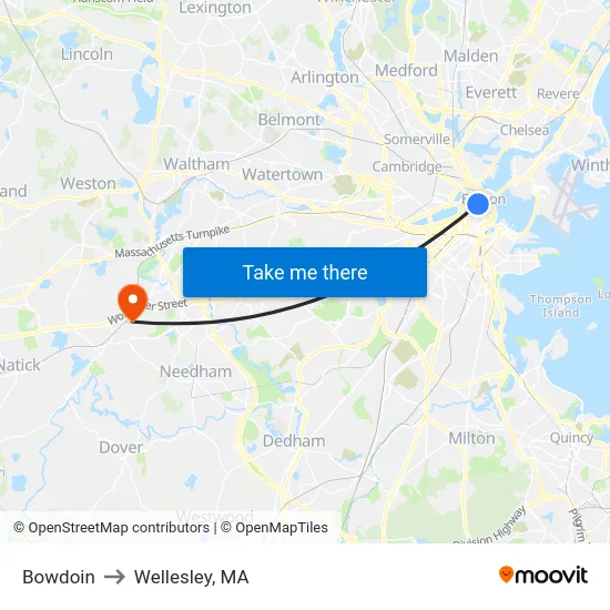 Bowdoin to Wellesley, MA map