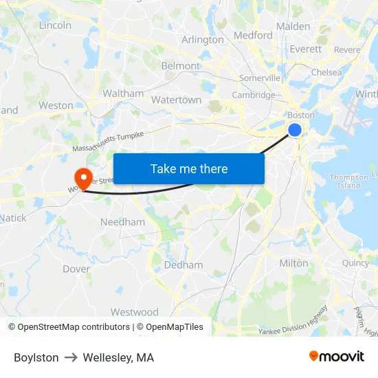 Boylston to Wellesley, MA map