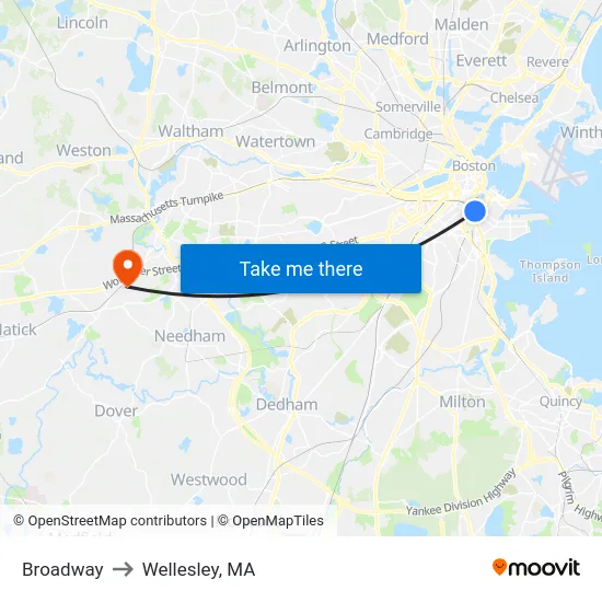 Broadway to Wellesley, MA map