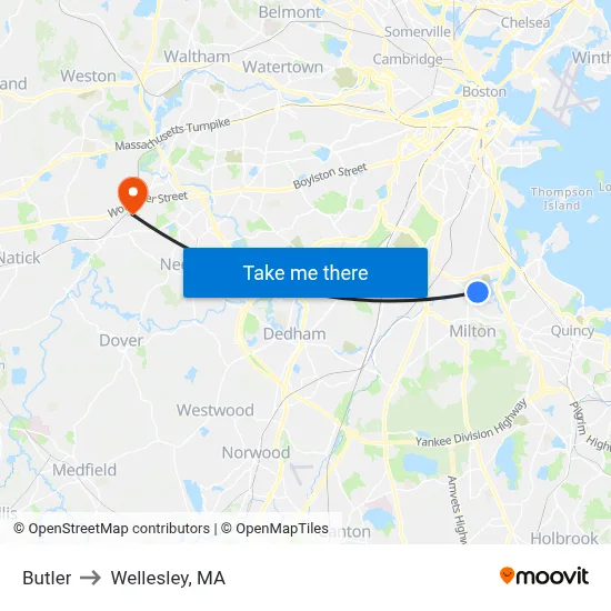 Butler to Wellesley, MA map