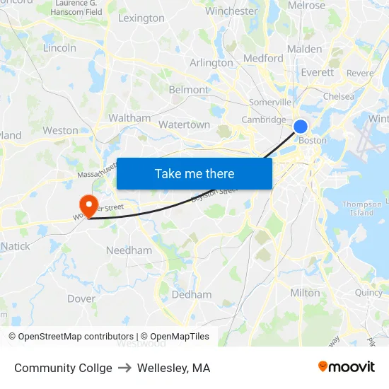 Community Collge to Wellesley, MA map