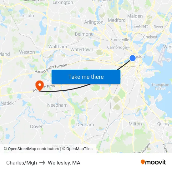 Charles/Mgh to Wellesley, MA map