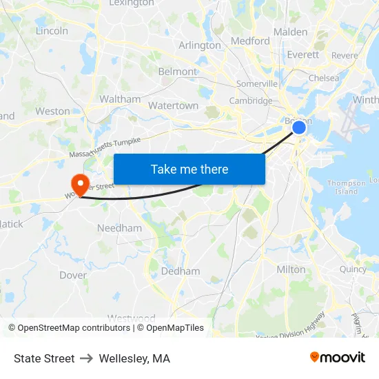 State Street to Wellesley, MA map