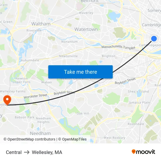 Central to Wellesley, MA map