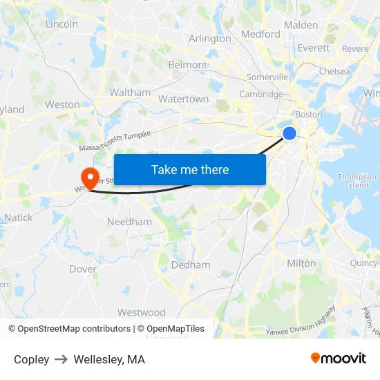 Copley to Wellesley, MA map