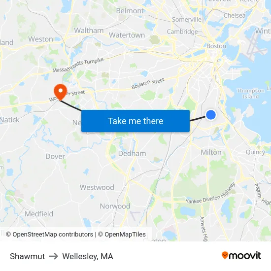 Shawmut to Wellesley, MA map