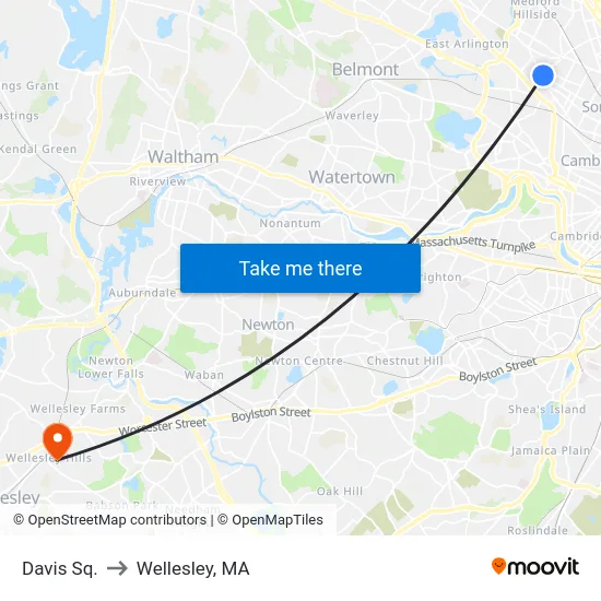 Davis Sq. to Wellesley, MA map
