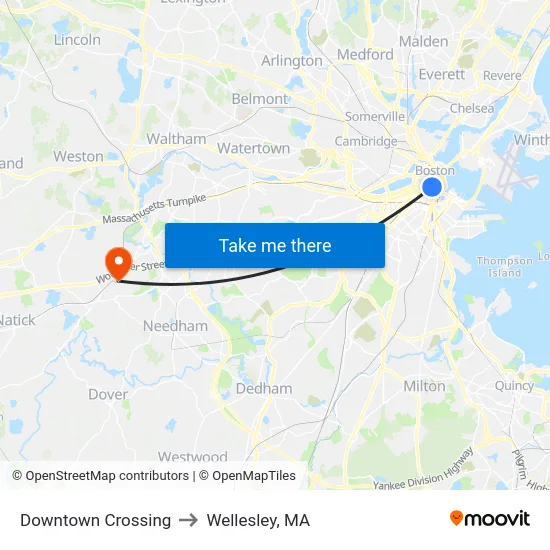 Downtown Crossing to Wellesley, MA map