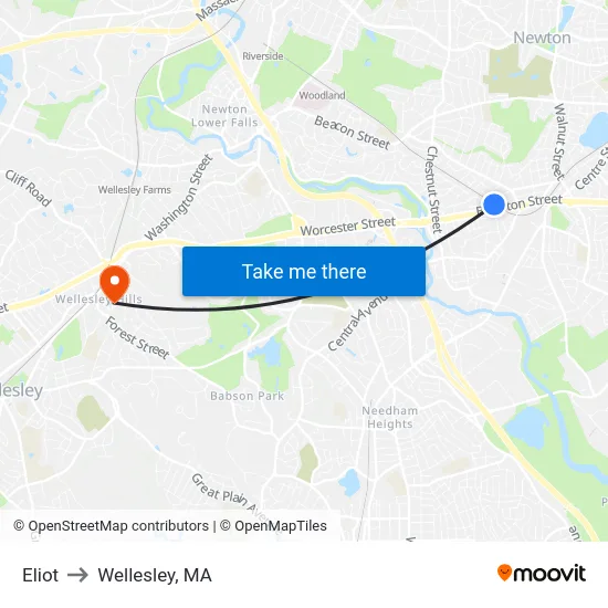 Eliot to Wellesley, MA map