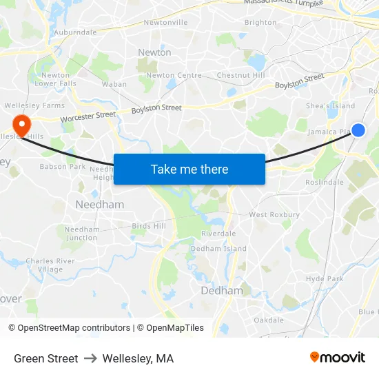 Green Street to Wellesley, MA map