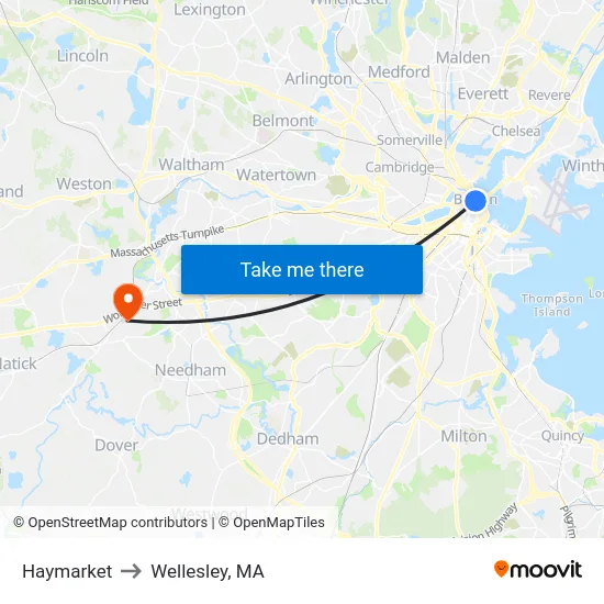 Haymarket to Wellesley, MA map