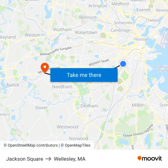 Jackson Square to Wellesley, MA map