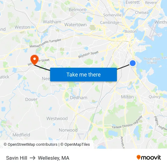 Savin Hill to Wellesley, MA map