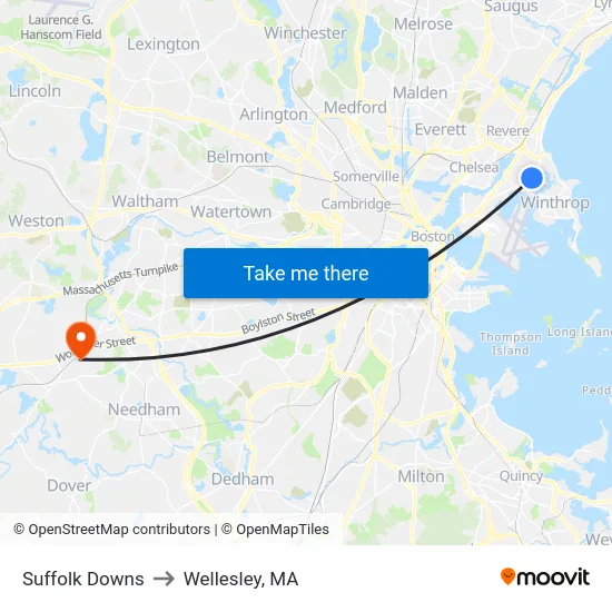 Suffolk Downs to Wellesley, MA map