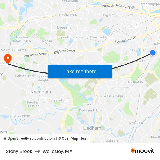 Stony Brook to Wellesley, MA map