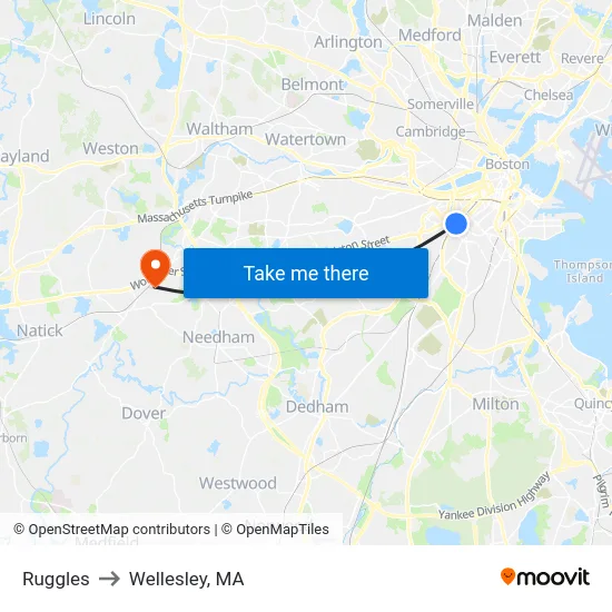Ruggles to Wellesley, MA map