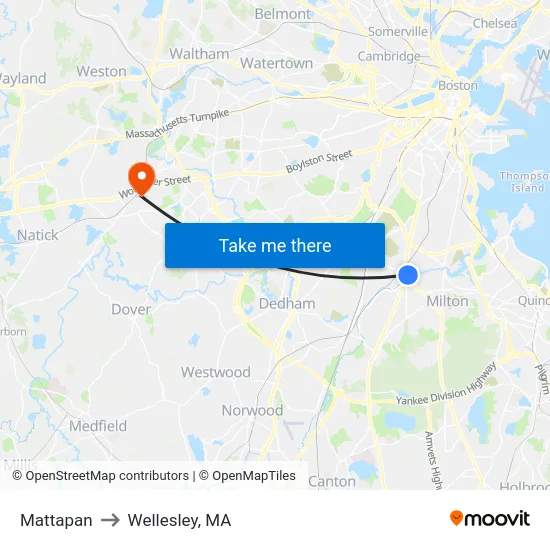 Mattapan to Wellesley, MA map