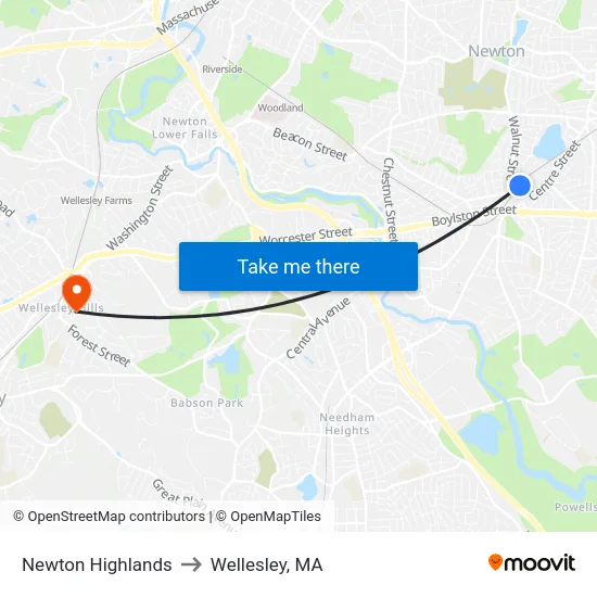 Newton Highlands to Wellesley, MA map