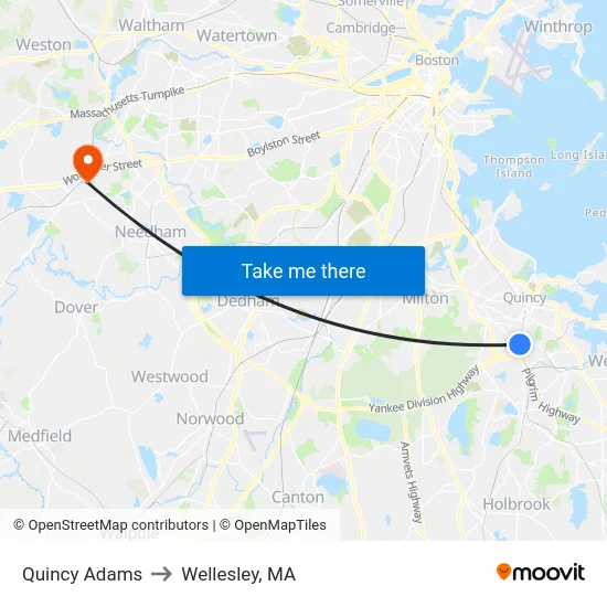 Quincy Adams to Wellesley, MA map