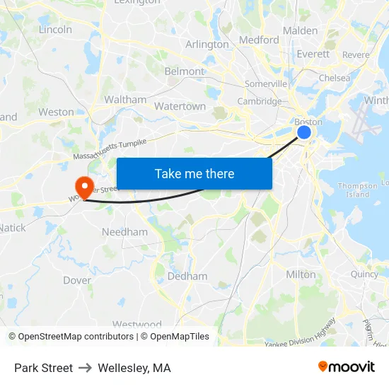 Park Street to Wellesley, MA map