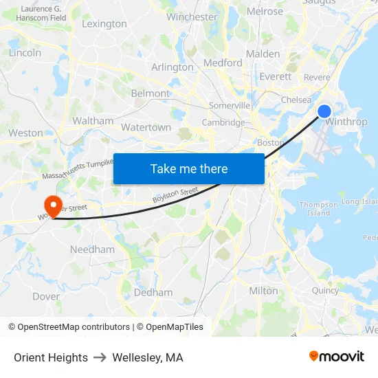 Orient Heights to Wellesley, MA map