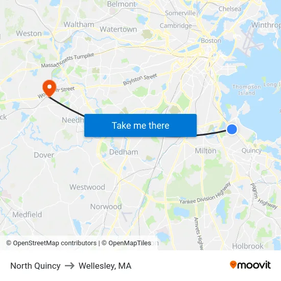 North Quincy to Wellesley, MA map