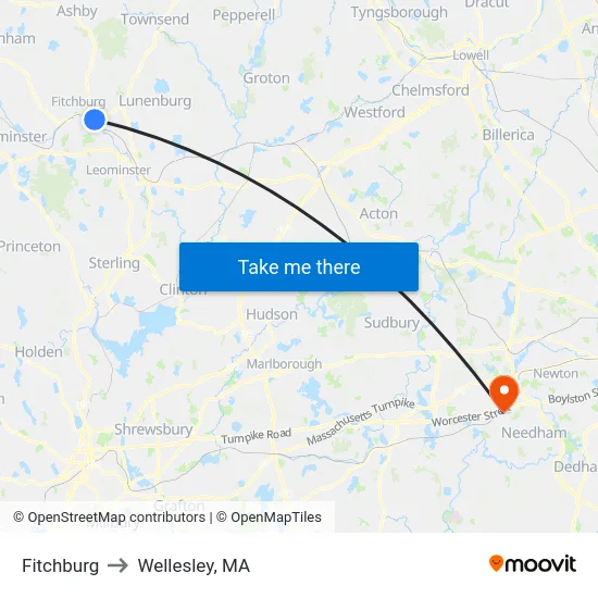 Fitchburg to Wellesley, MA map