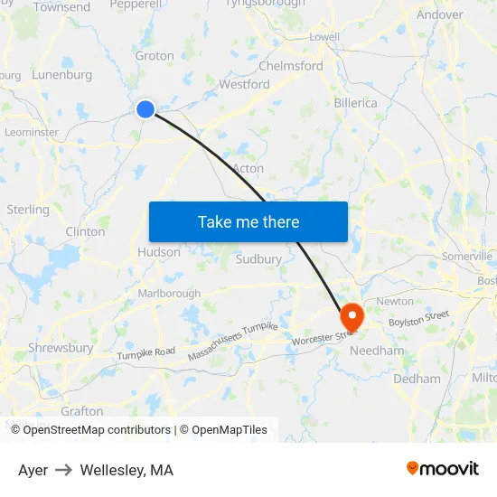 Ayer to Wellesley, MA map