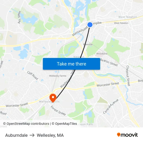 Auburndale to Wellesley, MA map