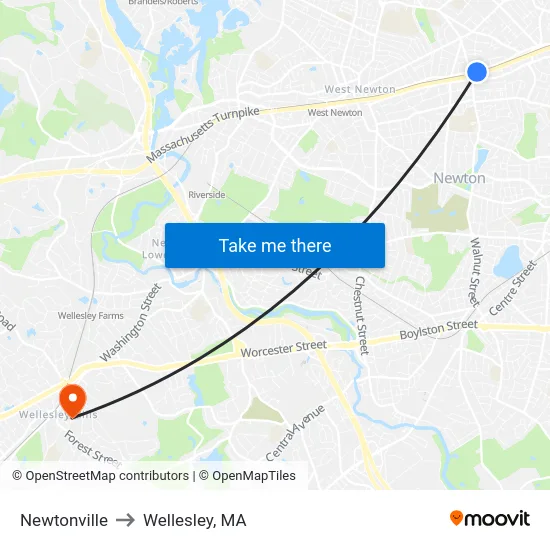 Newtonville to Wellesley, MA map
