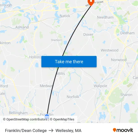 Franklin/Dean College to Wellesley, MA map
