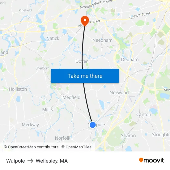 Walpole to Wellesley, MA map