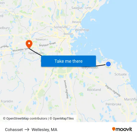Cohasset to Wellesley, MA map