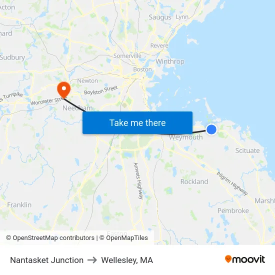 Nantasket Junction to Wellesley, MA map