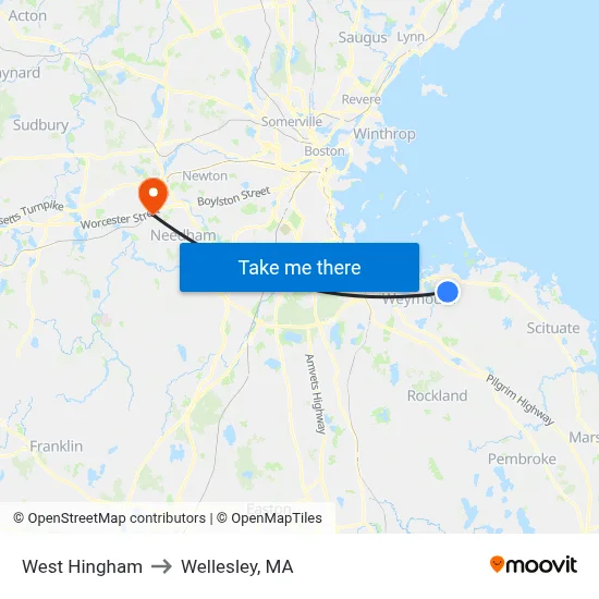 West Hingham to Wellesley, MA map